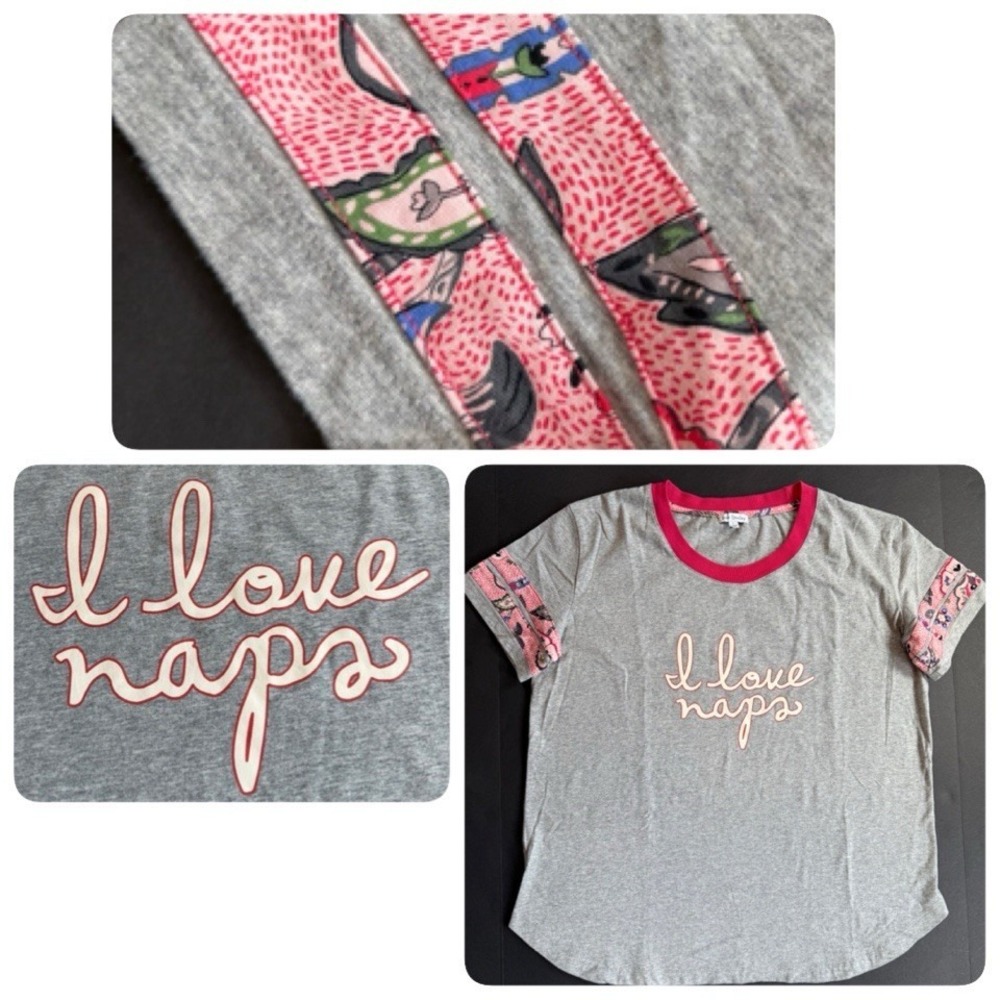 Vera Bradley Floral PJ Pajama T Shirt Top L 12 14 Pink Appliqued Ringer Baseball - Picture 2 of 8